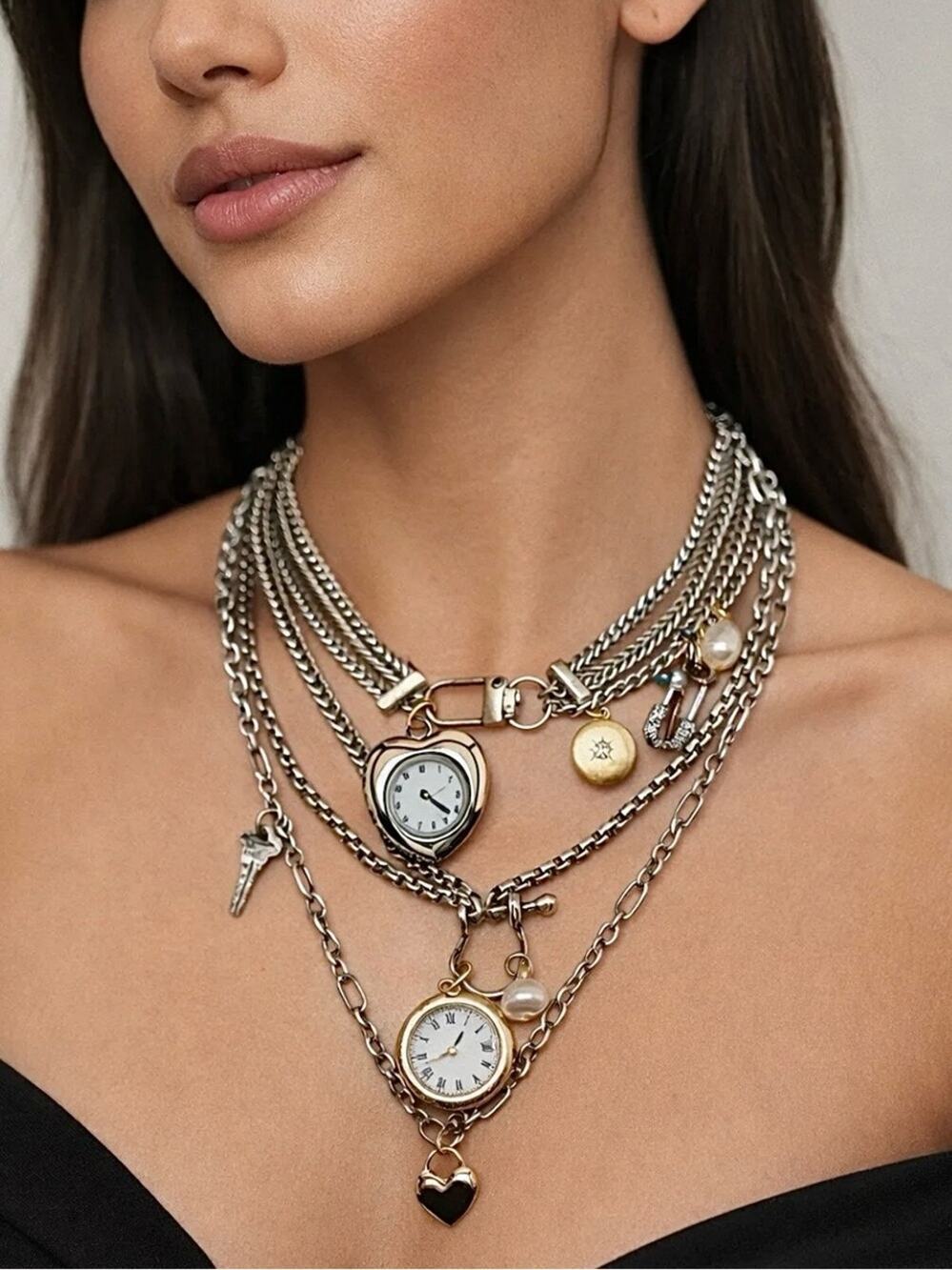 Zara Stainless Steel Sterling Silver Plated Multi Layer Clock Charm Necklace